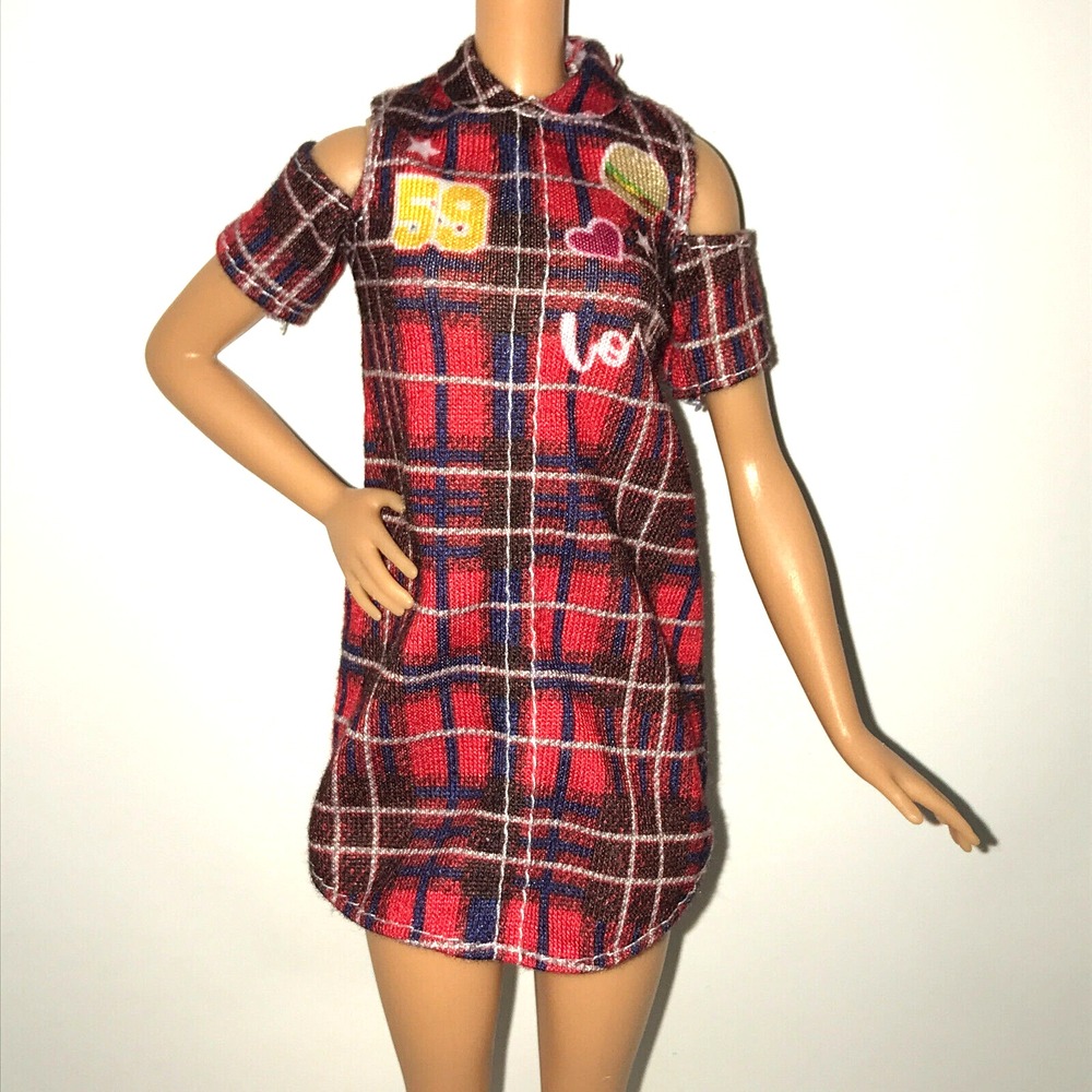 Barbie Doll Clothing Fashionistas #113 Red Love Plaid Shirt Dress